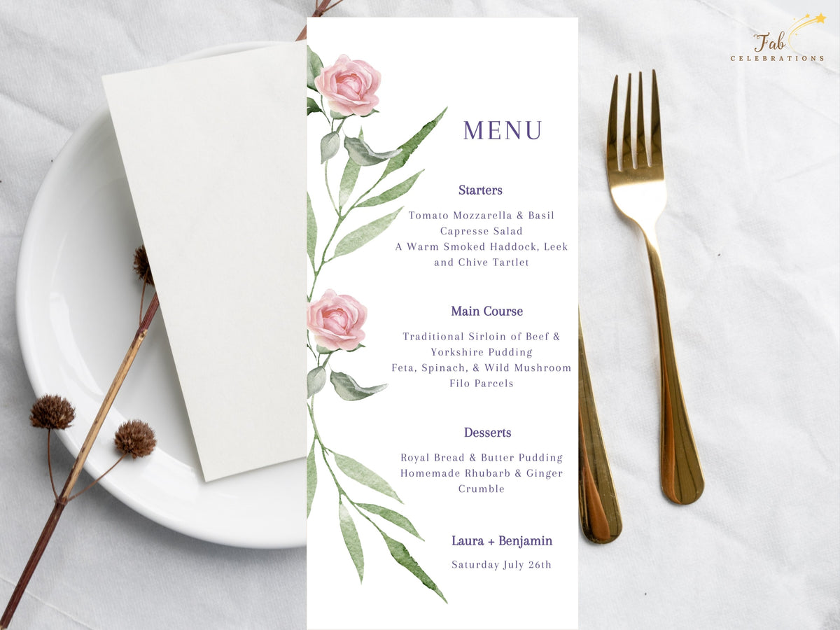 Romantic wedding menu card decorated with watercolor-inspired blush roses and leafy green accents, presenting the reception meal in an elegant vertical layout with purple typography.