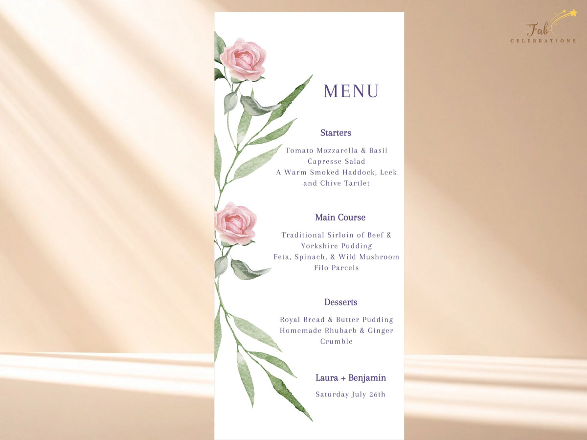 Romantic wedding reception menu card featuring watercolor-inspired pink roses and graceful green foliage, with elegant purple headings presenting the complete meal and drink selections.