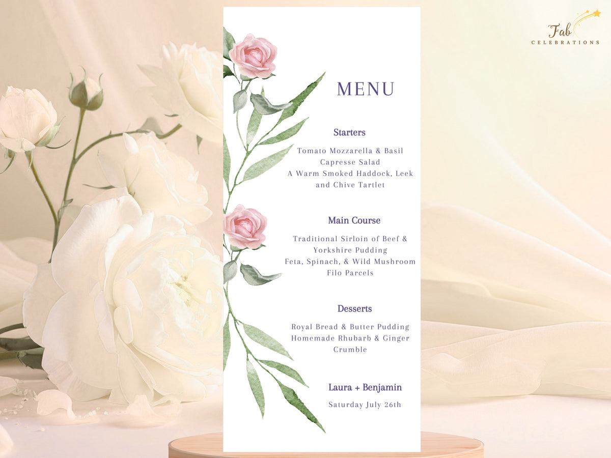 Soft pink floral wedding menu featuring watercolor-inspired rose blossoms and airy green foliage, with refined purple headings for starter, main course, sides, dessert and drinks.
