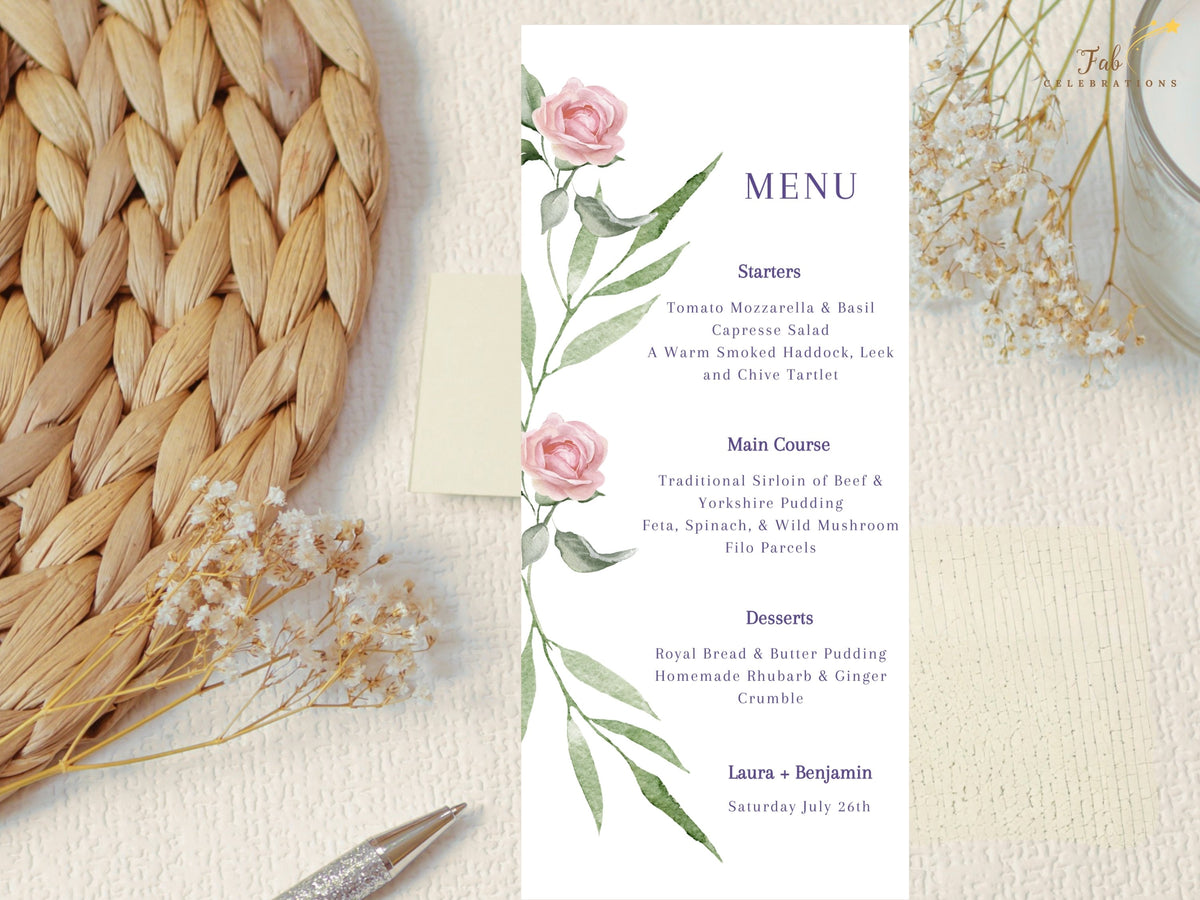 Wedding menu card featuring watercolor-inspired blush pink roses and graceful green leaves, combining romantic botanical artwork with refined purple typography for the reception meal.