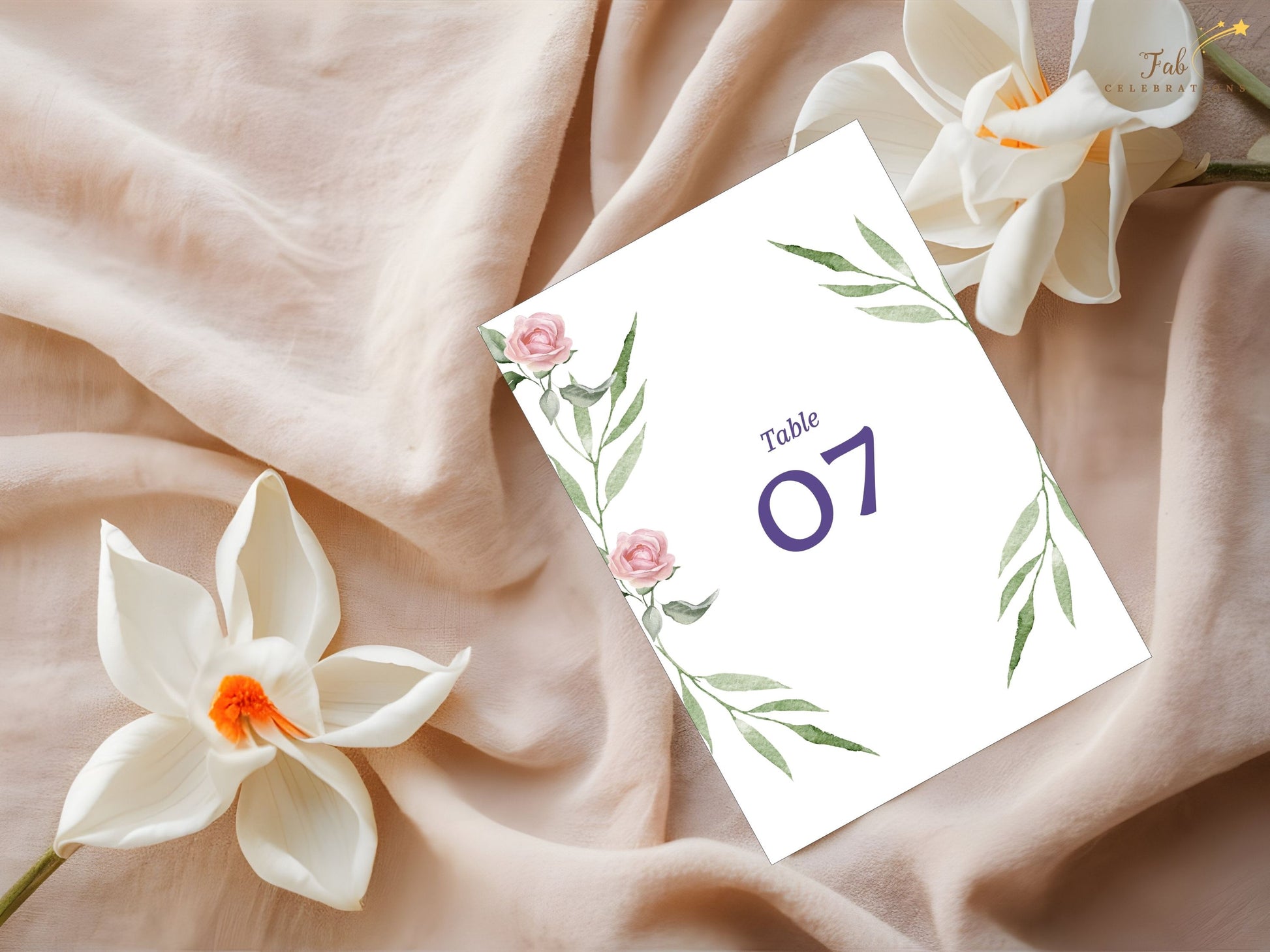 Printable pink rose wedding table number card featuring delicate watercolor florals — Canva design for couples seeking timeless, romantic reception stationery.