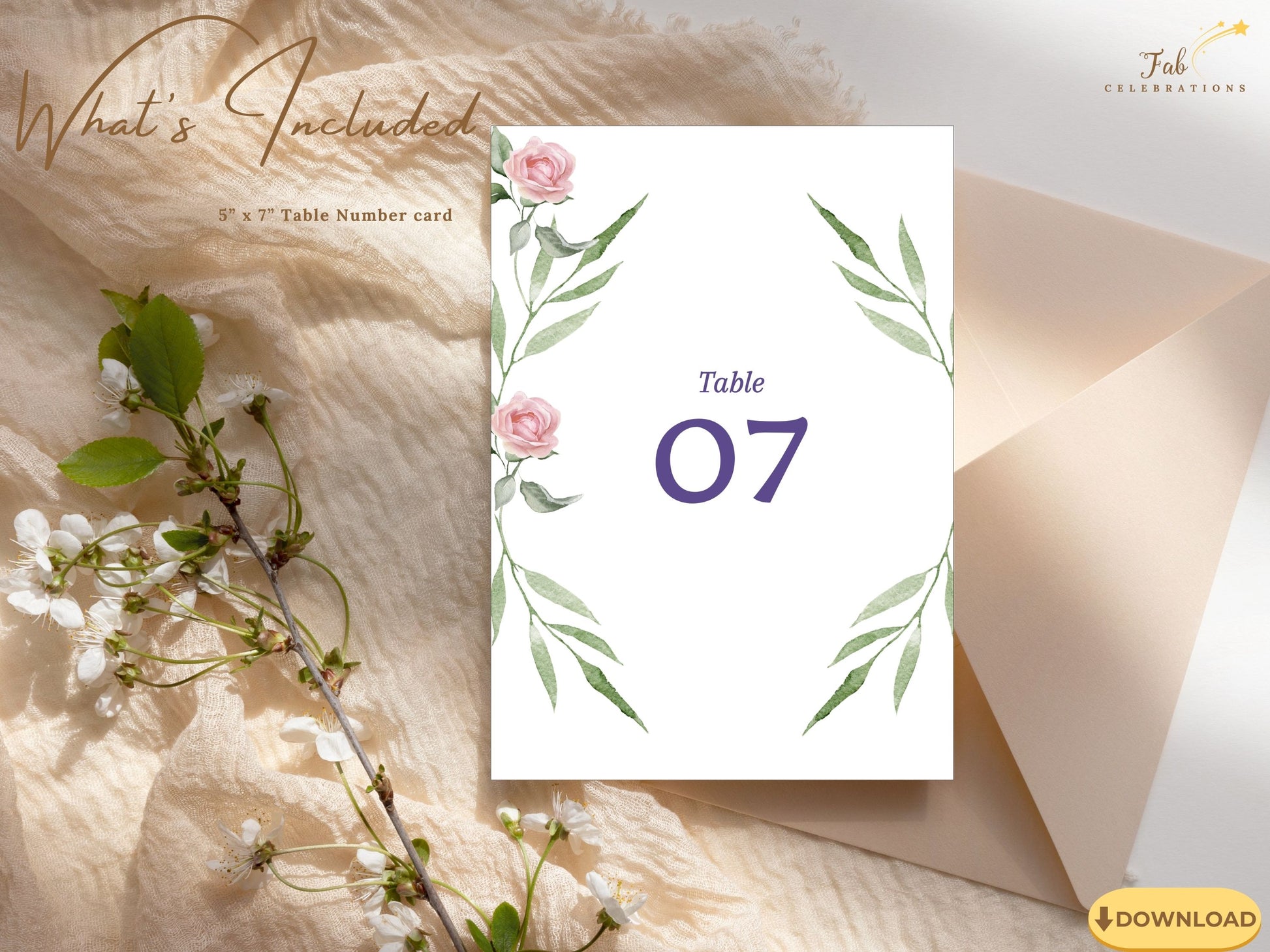 Elegant pink rose wedding table number card in watercolor floral style — editable Canva template that brings romantic charm to reception seating arrangements.