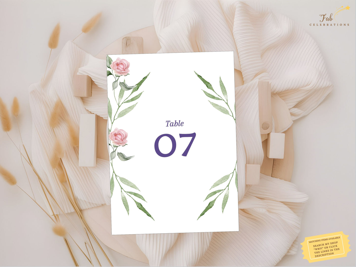 Pink rose wedding table number card design with watercolor roses and refined typography — editable Canva template for graceful, poetic reception presentation.
