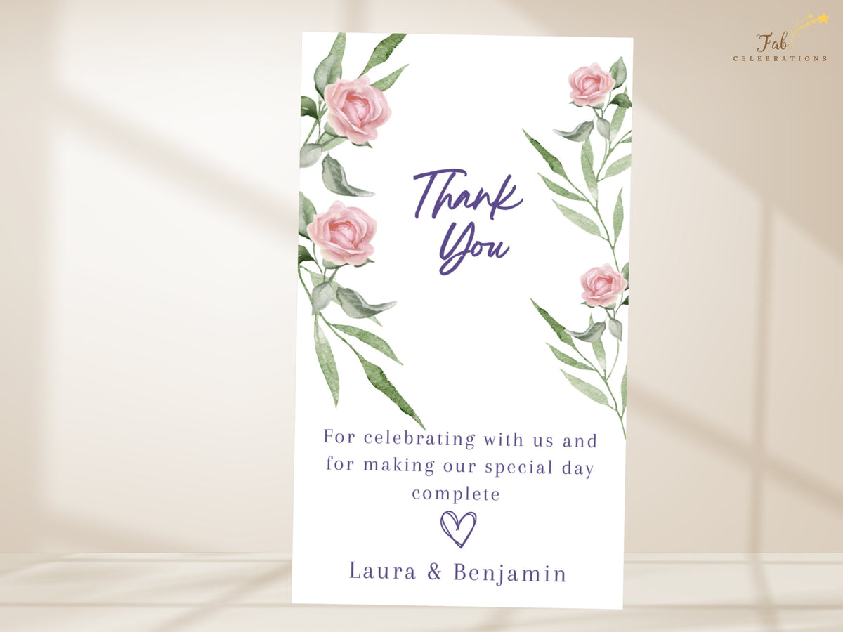 Botanical wedding thank you card featuring watercolor-inspired pink roses and graceful green leafy branches, with refined purple script and a heartfelt message celebrating guests' presence.