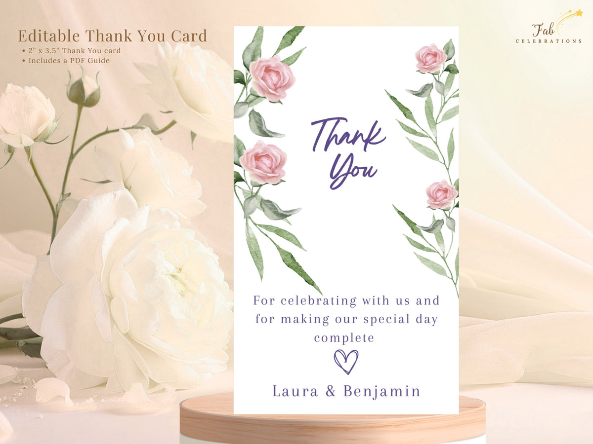 Editable wedding thank you card featuring watercolor-inspired pink roses and delicate green leaves, with refined purple script and a heartfelt message thanking guests for sharing the special day.
