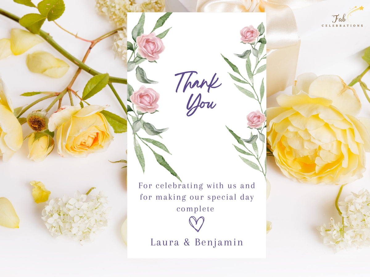 Pink Rose Wedding Thank You Card Template featuring watercolor-inspired blush pink roses and graceful green foliage, with elegant purple script, a heartfelt gratitude message and the couple's names.