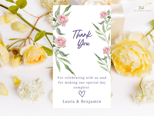 Pink Rose Wedding Thank You Card Template featuring watercolor-inspired blush pink roses and graceful green foliage, with elegant purple script, a heartfelt gratitude message and the couple's names.