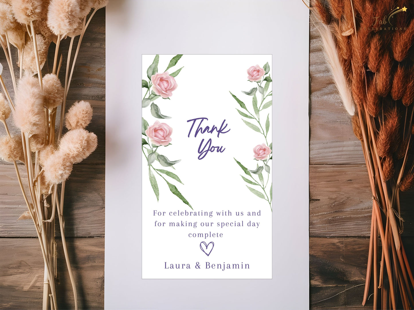 Printable pink rose wedding thank you card template with delicate floral design — Canva template for couples seeking refined, coordinated gratitude cards.