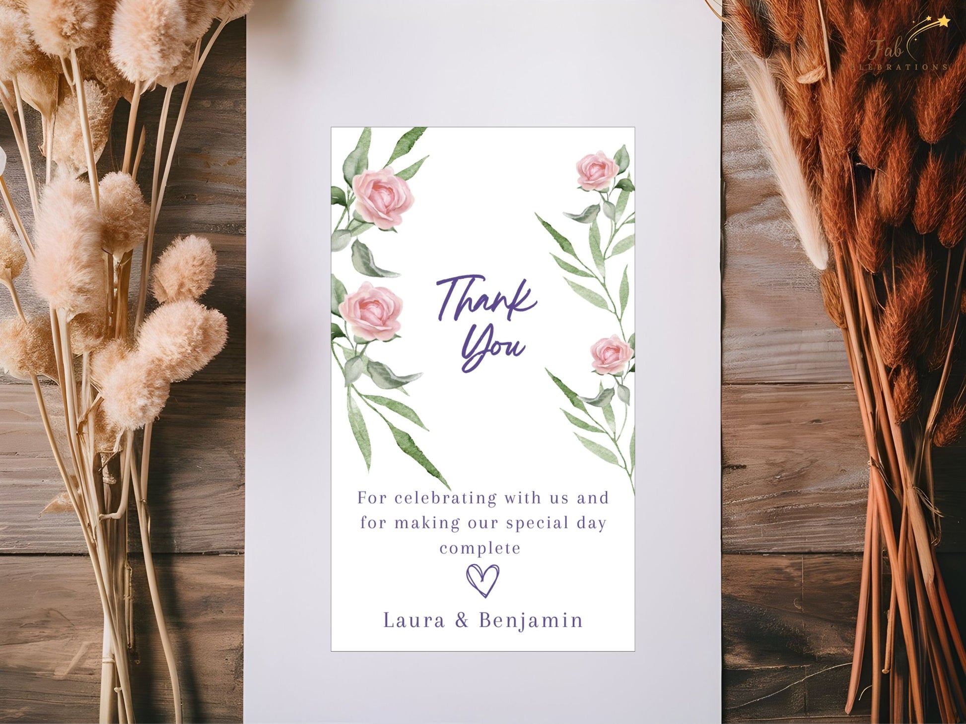 Printable pink rose wedding thank you card template with delicate floral design — Canva template for couples seeking refined, coordinated gratitude cards.