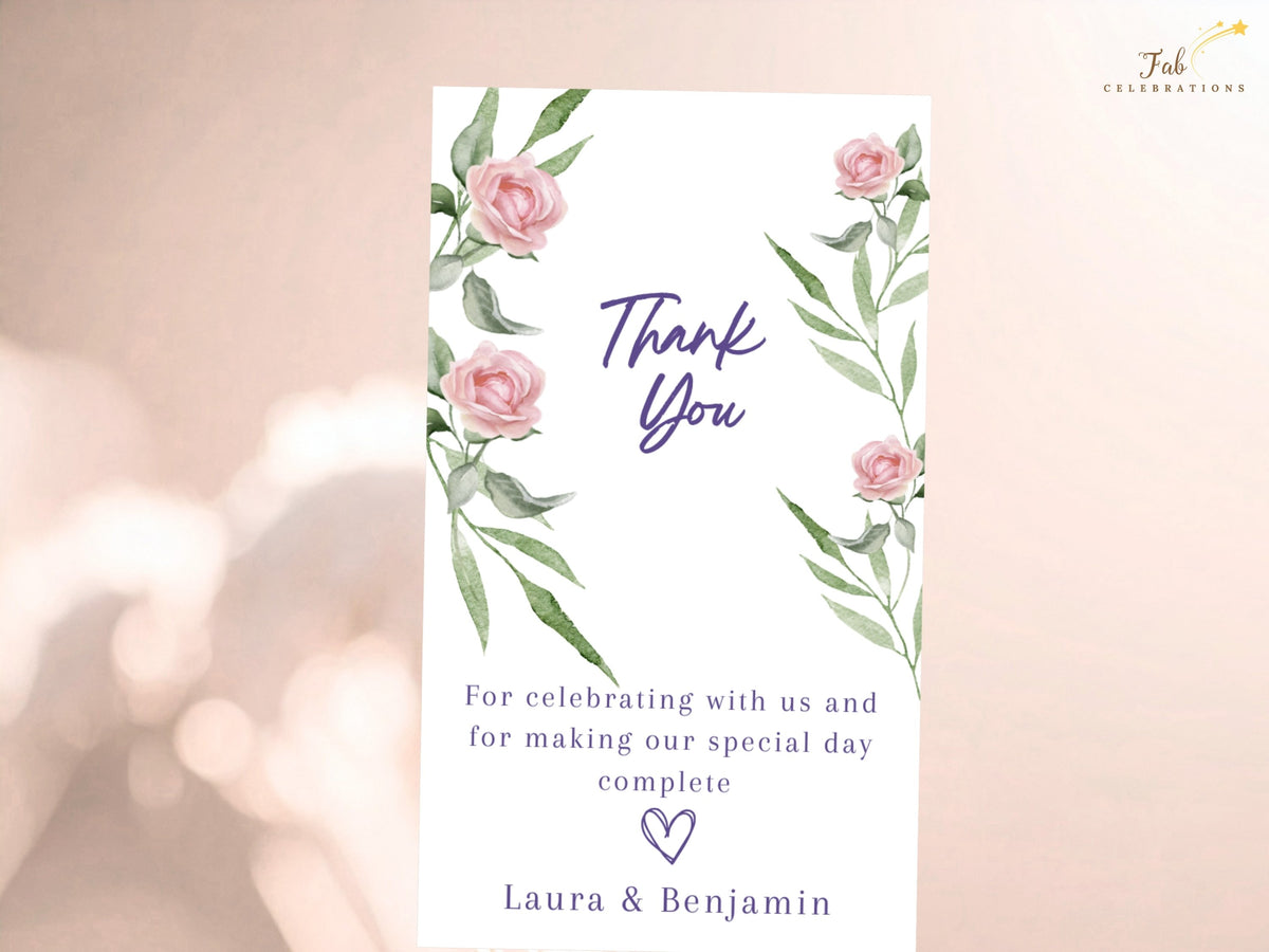 Wedding gratitude card featuring watercolor-inspired pink roses and flowing green foliage, with refined purple Thank You script and a heartfelt message for guests who shared the wedding day.