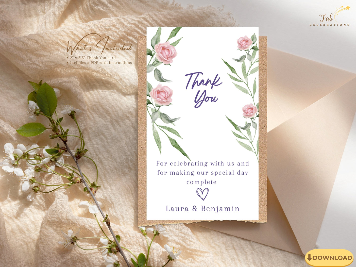 Elegant pink rose wedding thank you card template featuring blush watercolor roses — editable Canva design that closes your celebration with graceful beauty.