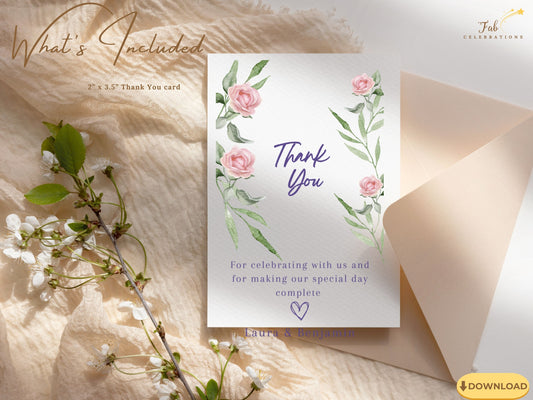 Elegant pink rose wedding thank you card template featuring blush watercolor roses — editable Canva design that closes your celebration with graceful beauty.
