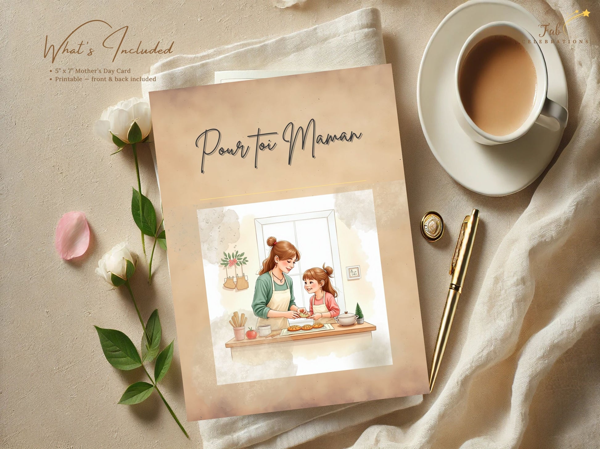 Pour toi Maman Card Printable close-up featuring delicate watercolor-inspired artwork, soft natural shading, refined feminine details, and heartfelt mother-daughter expressions in a warm kitchen atmosphere.