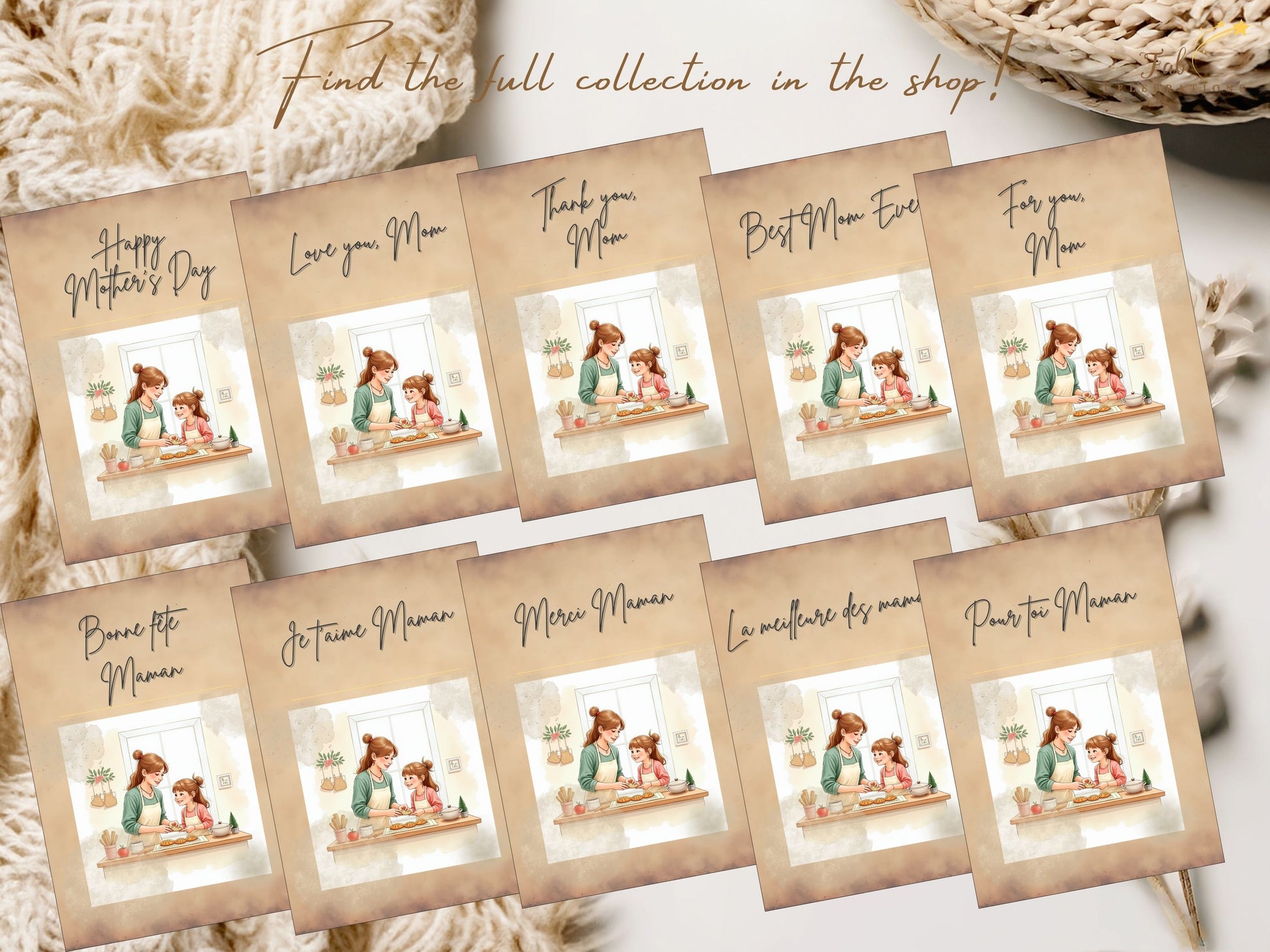 Pour toi Maman Card Printable presented as an elegant printable 5x7 greeting card, featuring a meaningful mother and daughter baking illustration with refined French-inspired styling.