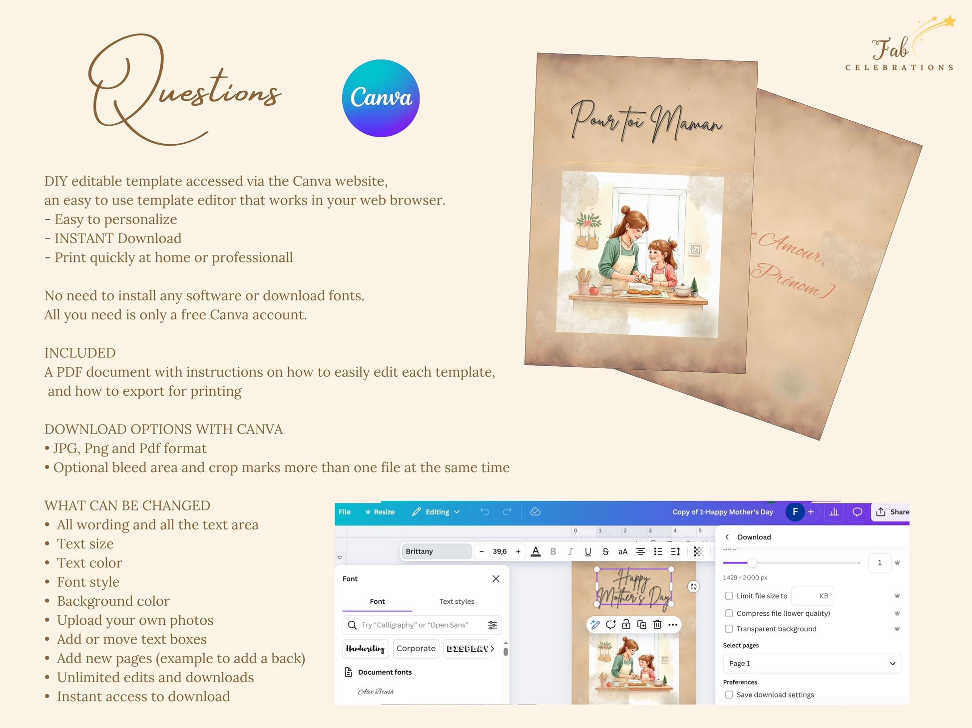 Pour toi Maman Card Printable Canva design preview showing a high-resolution print-ready layout, instant download format, and elegant eco-friendly printable greeting card solution.