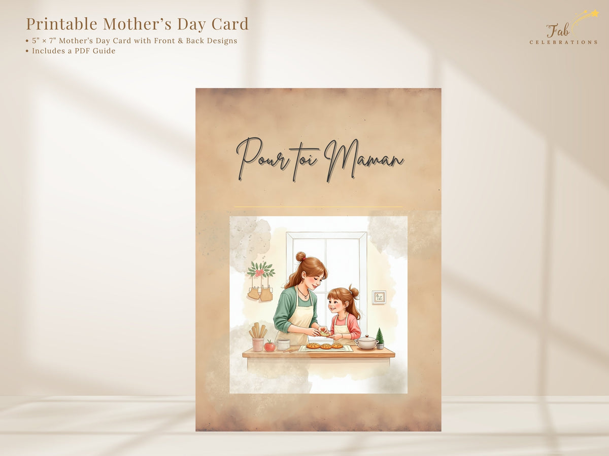Pour toi Maman card featuring a loving mother and young daughter cooking together in a bright kitchen, with delicate floral accents and soft green, pink and neutral tones.