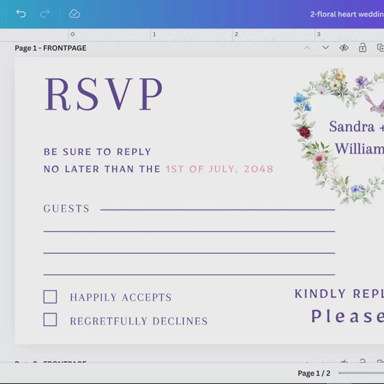 Boho heart wedding invitations RSVP card tutorial showing Canva customization with floral wreath, dove motifs and photo layout options for rustic romantic wedding stationery.
