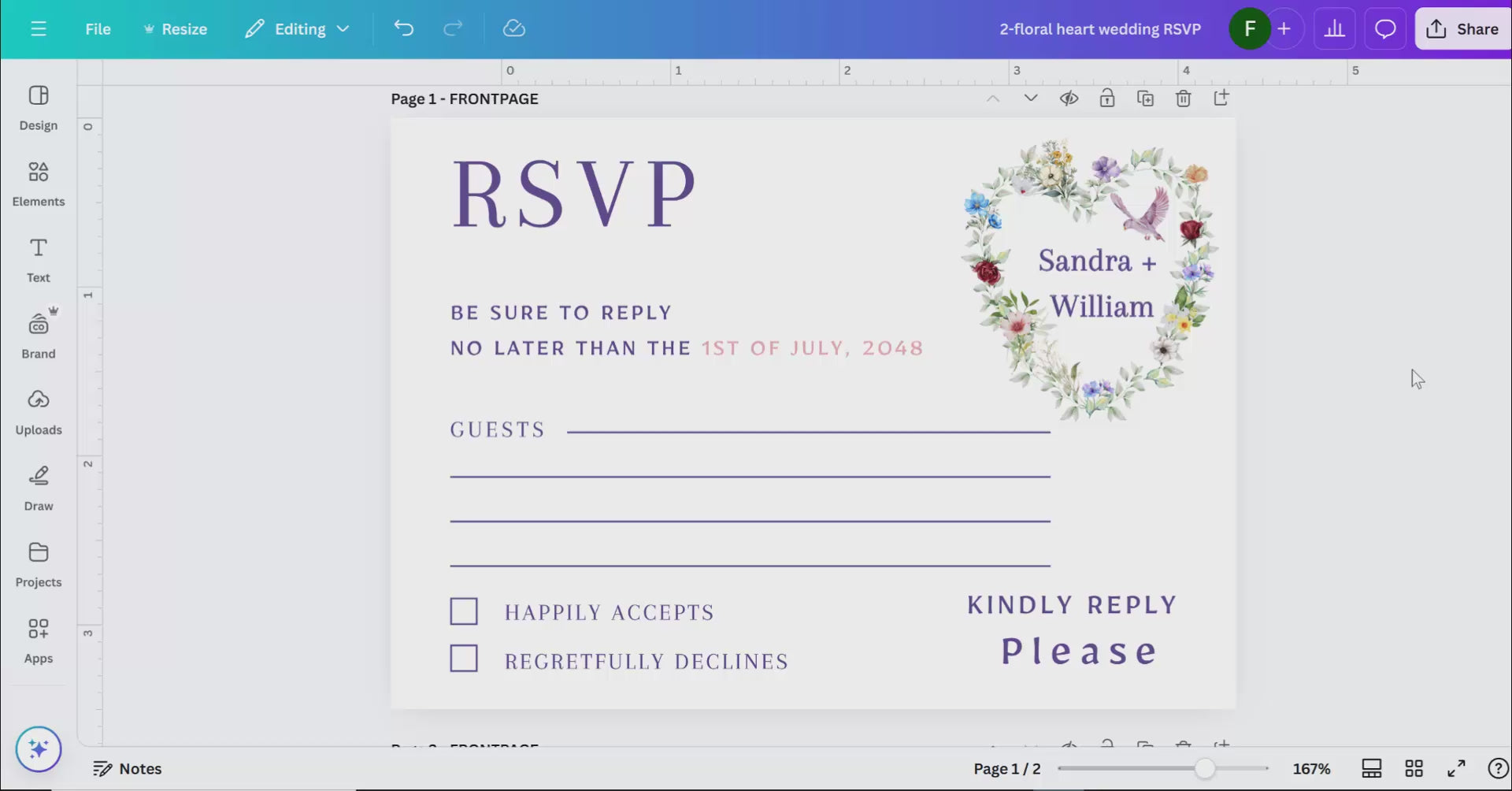 Boho heart wedding invitations RSVP card tutorial showing Canva customization with floral wreath, dove motifs and photo layout options for rustic romantic wedding stationery.