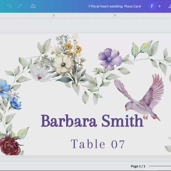 Boho watercolor wedding card tutorial showing Canva editing for place cards with floral half-heart design, dove motif and rustic pastel palette for boho chic receptions.