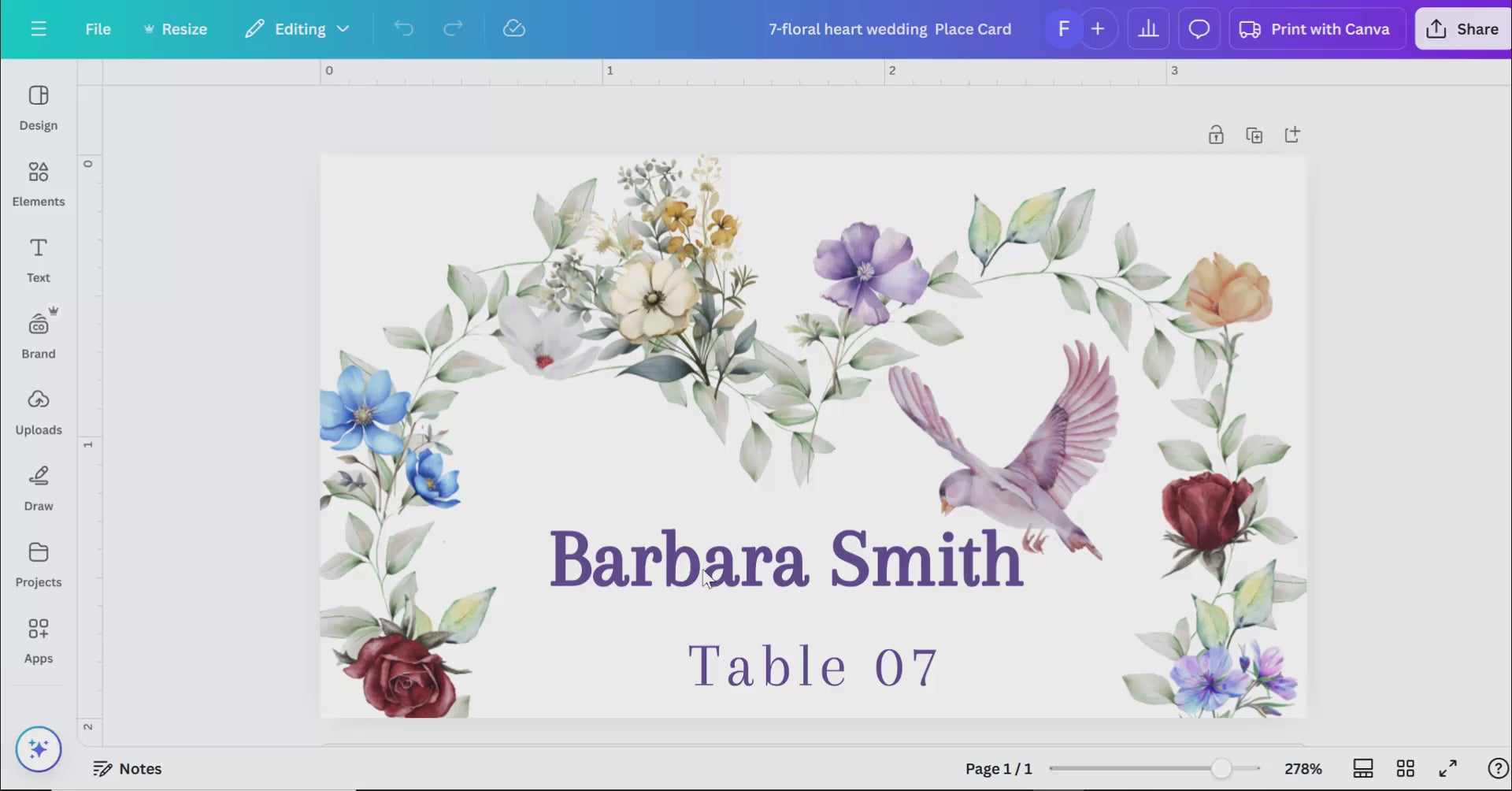 Boho watercolor wedding card tutorial showing Canva editing for place cards with floral half-heart design, dove motif and rustic pastel palette for boho chic receptions.