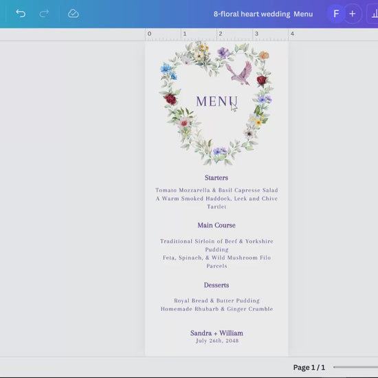 Parisian floral wedding menu tutorial showing Canva customization for dinner cards with watercolor wreath, dove motif and rustic greenery for French countryside receptions.