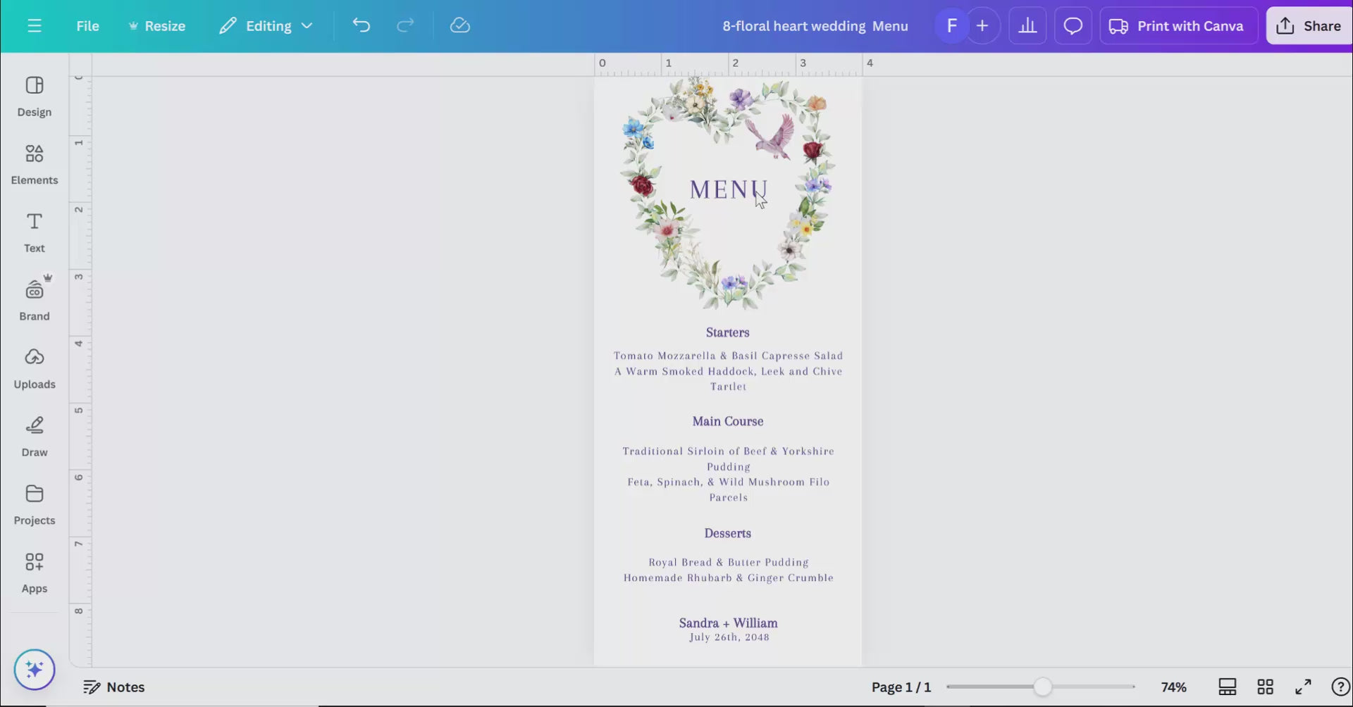 Parisian floral wedding menu tutorial showing Canva customization for dinner cards with watercolor wreath, dove motif and rustic greenery for French countryside receptions.