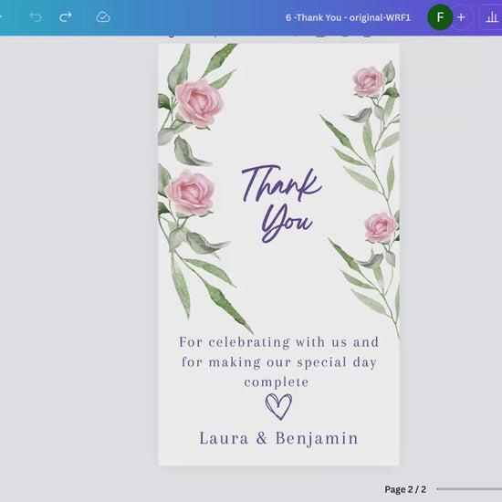 Pink rose wedding thank you card template with watercolor florals — editable Canva design to express gratitude with timeless, romantic, and elegant charm.