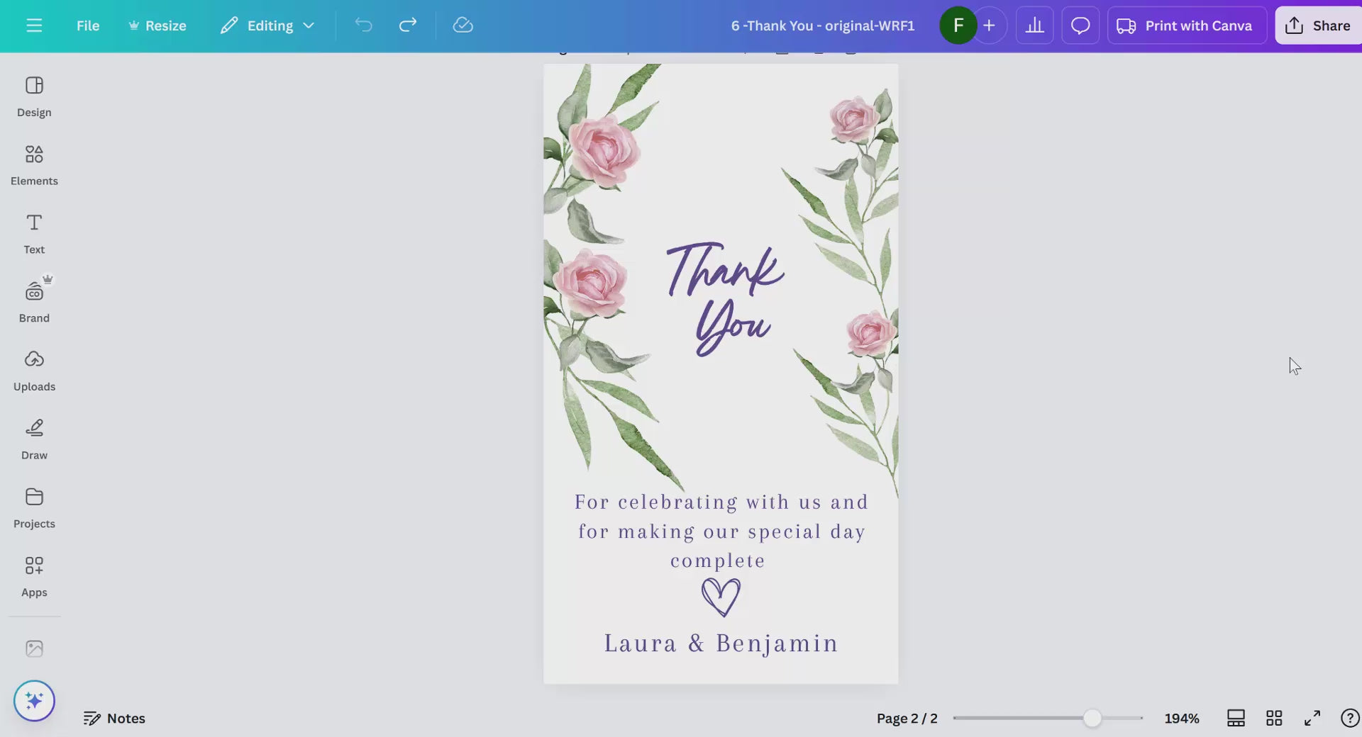 Pink rose wedding thank you card template with watercolor florals — editable Canva design to express gratitude with timeless, romantic, and elegant charm.