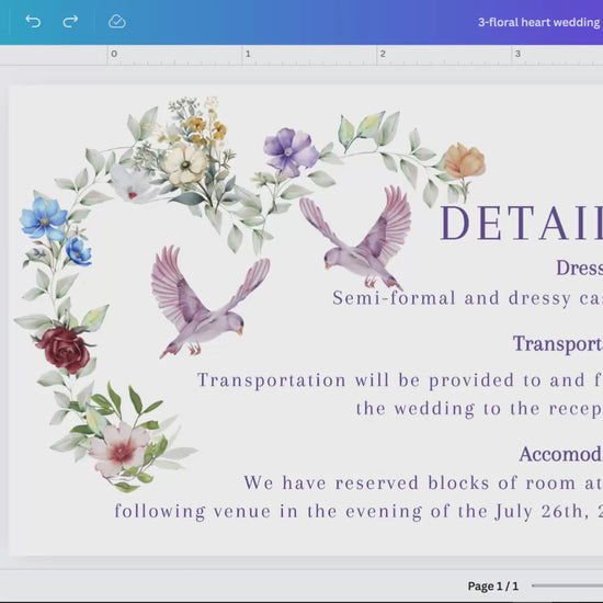 Rustic watercolor wedding card tutorial showing Canva customization with floral wreath design, dove motifs and countryside-inspired artistry for romantic wedding stationery.