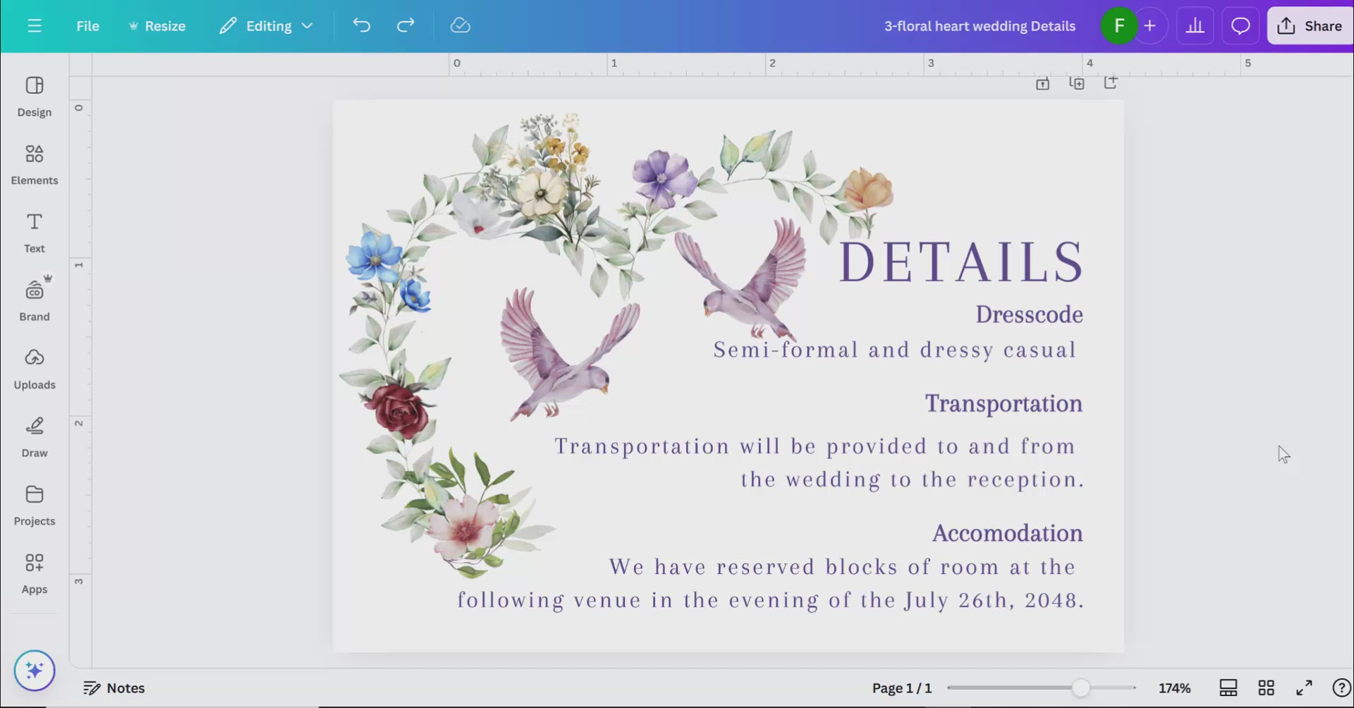 Rustic watercolor wedding card tutorial showing Canva customization with floral wreath design, dove motifs and countryside-inspired artistry for romantic wedding stationery.