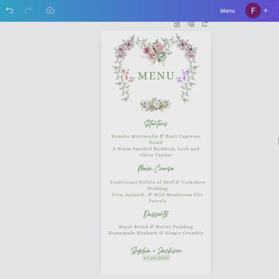 Video preview of the Wedding Menu showcasing a boho floral Canva template with red and white roses — designed for elegant receptions and beautifully coordinated table settings.