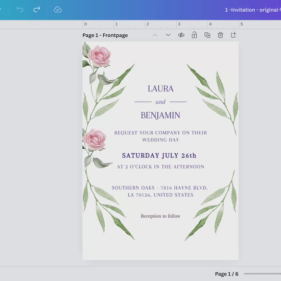 Wedding invitation set in pink rose boho style — 6 editable Canva templates with watercolor florals, sage greenery, and modern typography, designed for timeless romantic weddings.