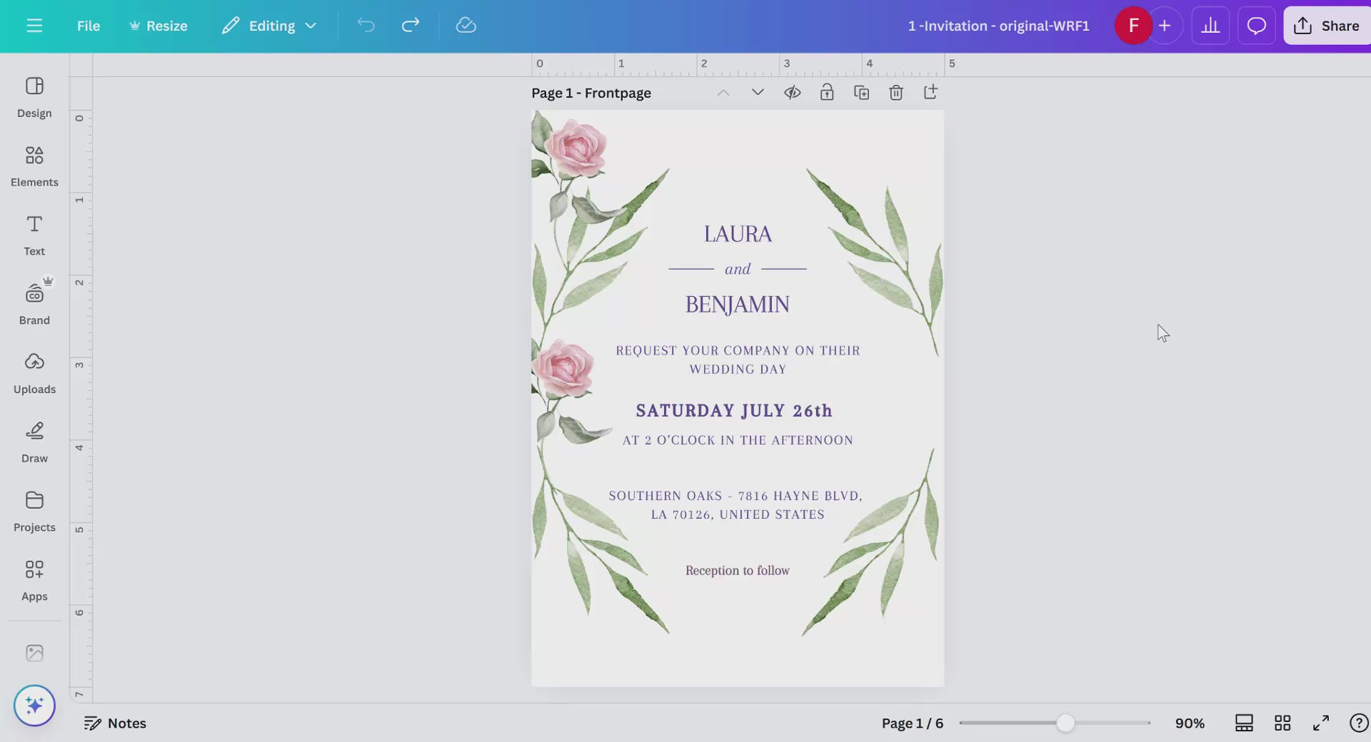 Wedding invitation set in pink rose boho style — 6 editable Canva templates with watercolor florals, sage greenery, and modern typography, designed for timeless romantic weddings.