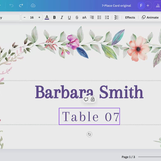 Step-by-step Canva tutorial for editing wedding place card templates, including customizing guest names, adjusting floral colors, and preparing print-ready files for wedding receptions.
