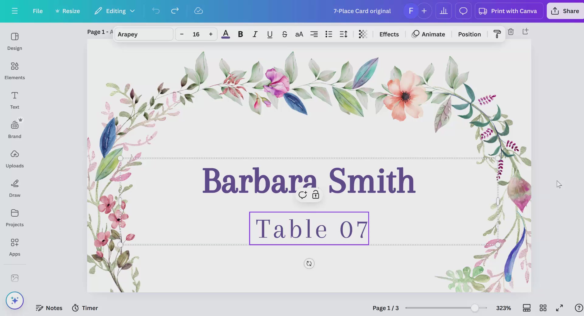 Step-by-step Canva tutorial for editing wedding place card templates, including customizing guest names, adjusting floral colors, and preparing print-ready files for wedding receptions.