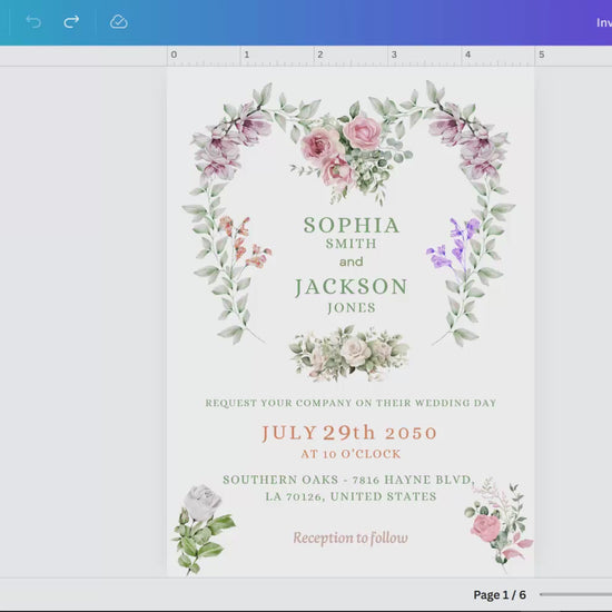 Video preview of the Wedding Invitations Set showing the editable Canva floral suite in use, highlighting how to personalize each template for elegant events with charm and ease.