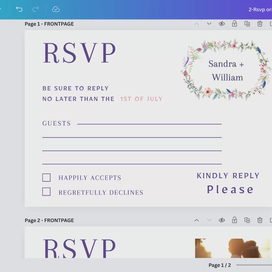 Step-by-step Canva tutorial for editing boho wedding RSVP cards, including customizing guest responses, adjusting floral details, and preparing print-ready files for receptions