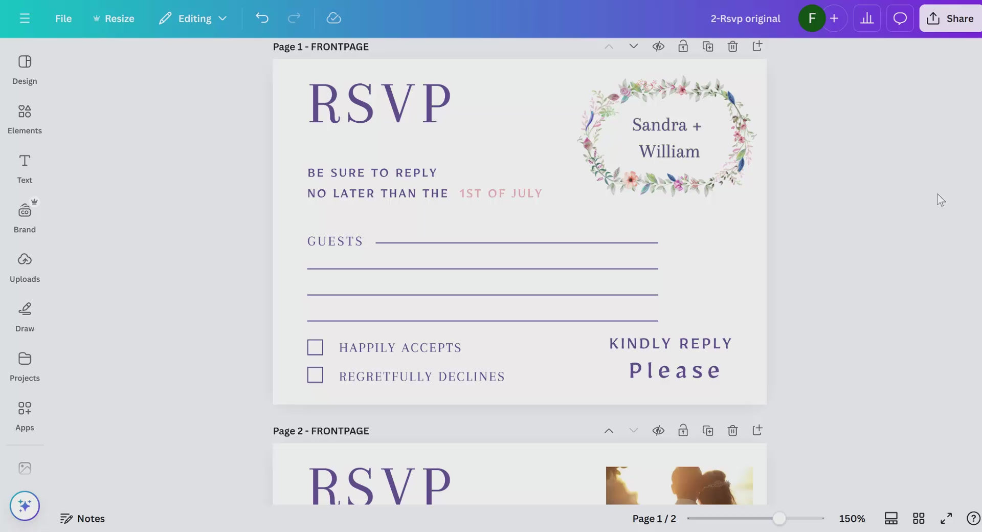 Step-by-step Canva tutorial for editing boho wedding RSVP cards, including customizing guest responses, adjusting floral details, and preparing print-ready files for receptions
