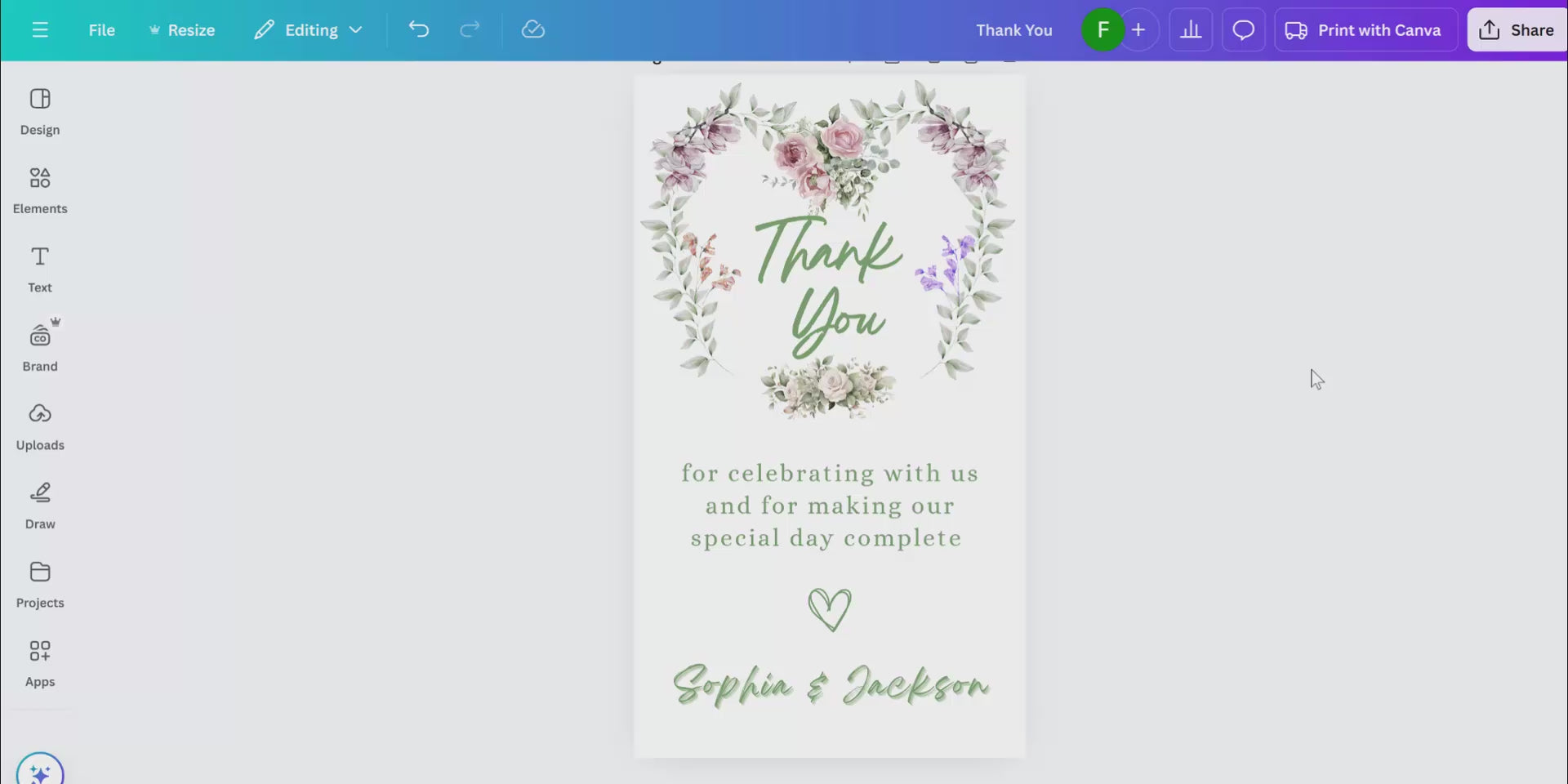 Video presentation of the Thank You Card featuring a boho floral heart Canva template — a beautiful and editable design to express gratitude at weddings with charm and elegance.