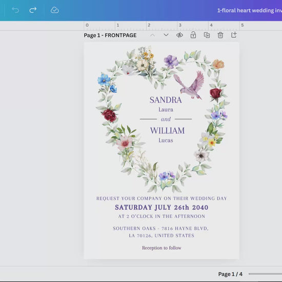 Parisian wedding invitations tutorial showing Canva customization with French floral design, romantic watercolor heart artwork and elegant dove motifs for refined ceremonies.