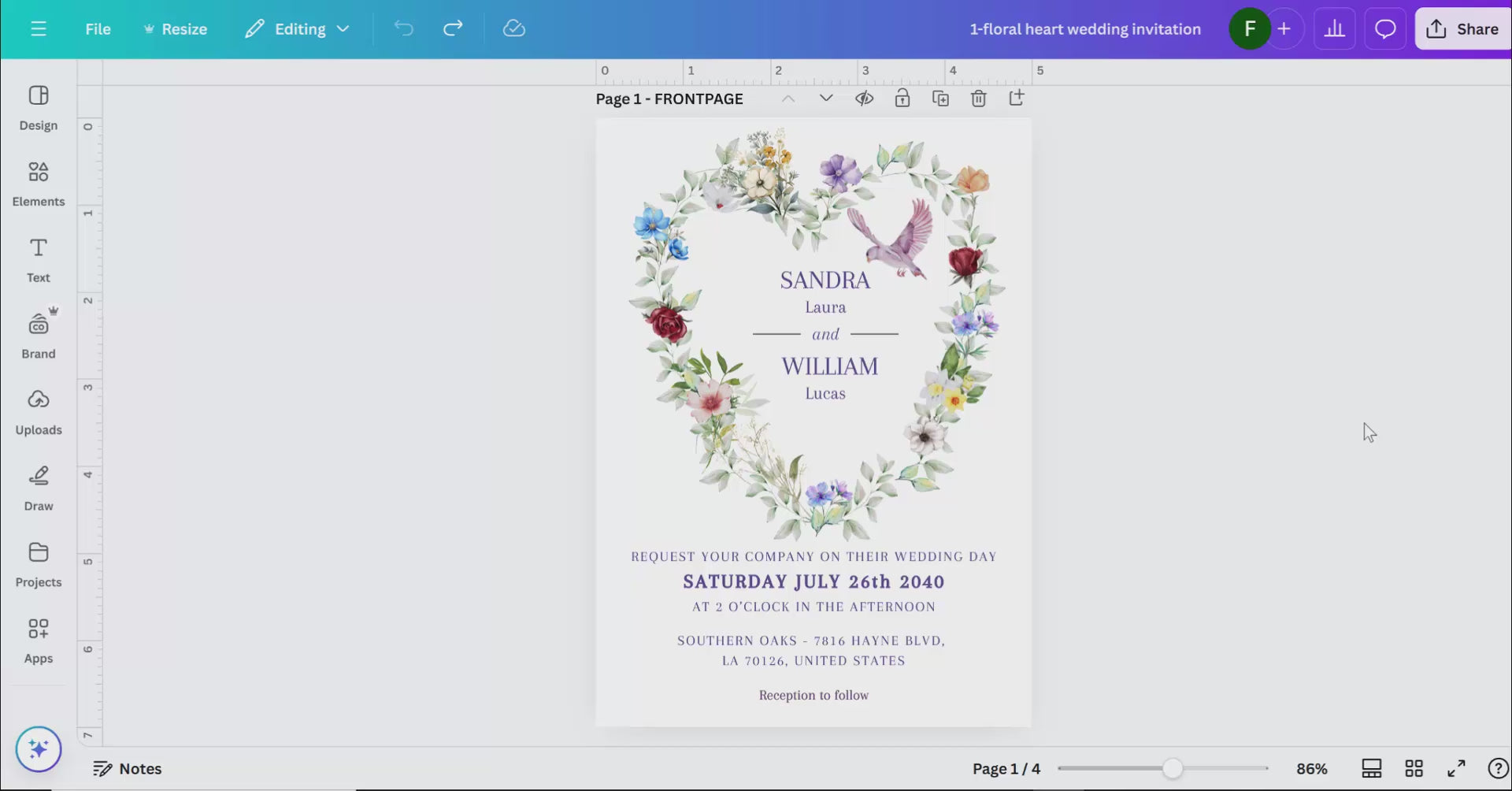 Parisian wedding invitations tutorial showing Canva customization with French floral design, romantic watercolor heart artwork and elegant dove motifs for refined ceremonies.