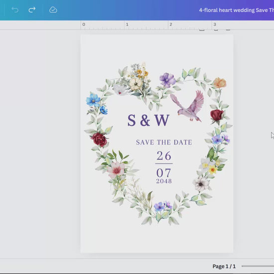 French countryside wedding save the date tutorial showing Canva customization with floral wreath, pink dove motifs and watercolor artistry for rustic romantic ceremonies.