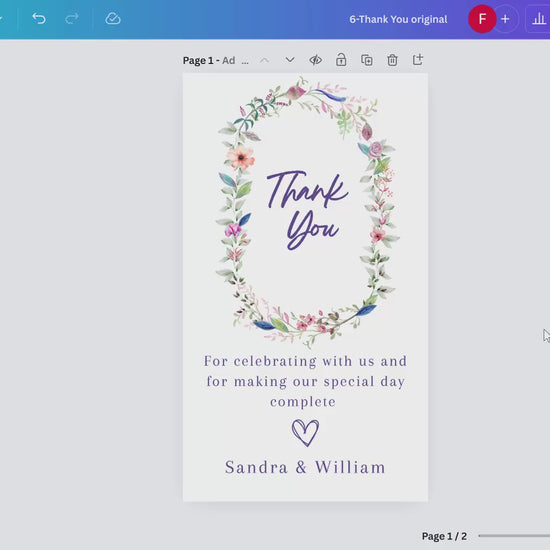 Step-by-step Canva tutorial for editing wedding thank you card templates, including customizing gratitude messages, adjusting floral details, and preparing print-ready files for weddings