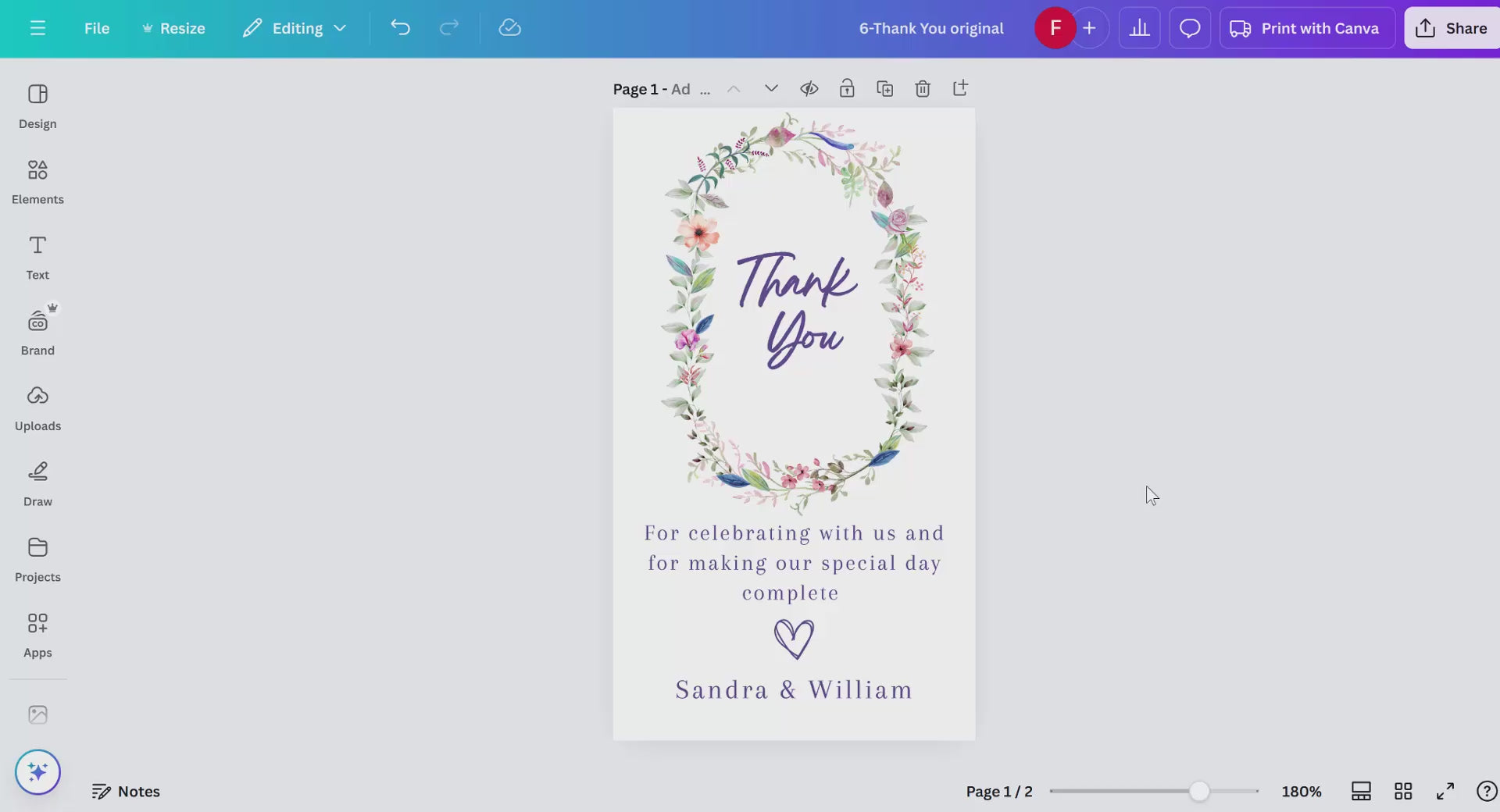 Step-by-step Canva tutorial for editing wedding thank you card templates, including customizing gratitude messages, adjusting floral details, and preparing print-ready files for weddings