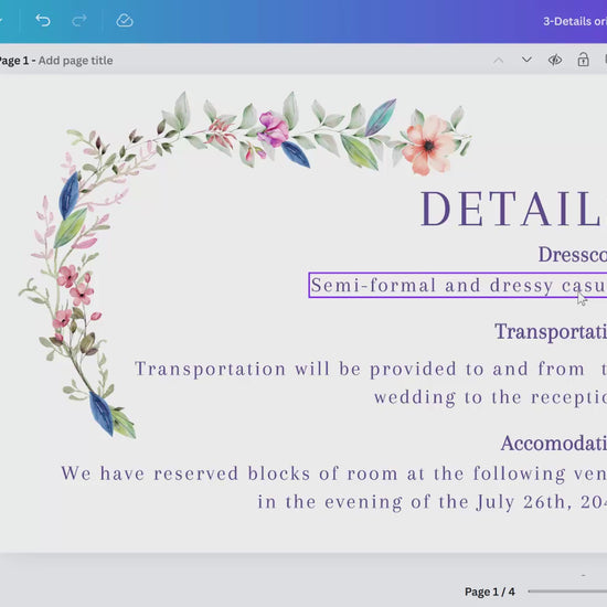 Step-by-step Canva tutorial showing how to edit the wedding details template, including sections for accommodation, directions, program and dress code, with printing preparation.
