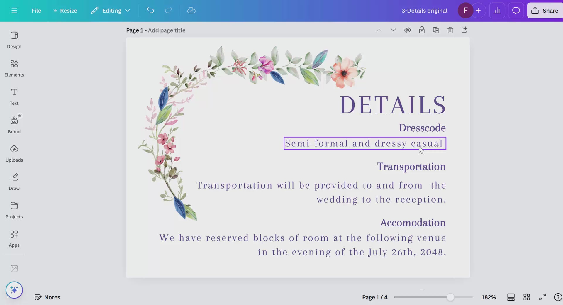 Step-by-step Canva tutorial showing how to edit the wedding details template, including sections for accommodation, directions, program and dress code, with printing preparation.