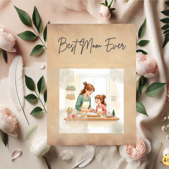 Best Mom Ever Card Printable video preview featuring a tender mother and daughter baking together in a cozy kitchen scene, designed with soft watercolor-inspired neutral tones, elegant typography, and an editable Canva template layout for a heartfelt printable Mother’s Day card.