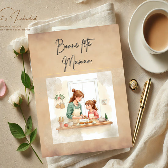 Bonne Fête Maman Card Printable video preview featuring a tender mother and daughter baking together in a cozy kitchen scene, designed with soft watercolor-inspired pastel tones, elegant French-inspired typography, and an editable Canva template layout for a heartfelt printable Mother’s Day card.