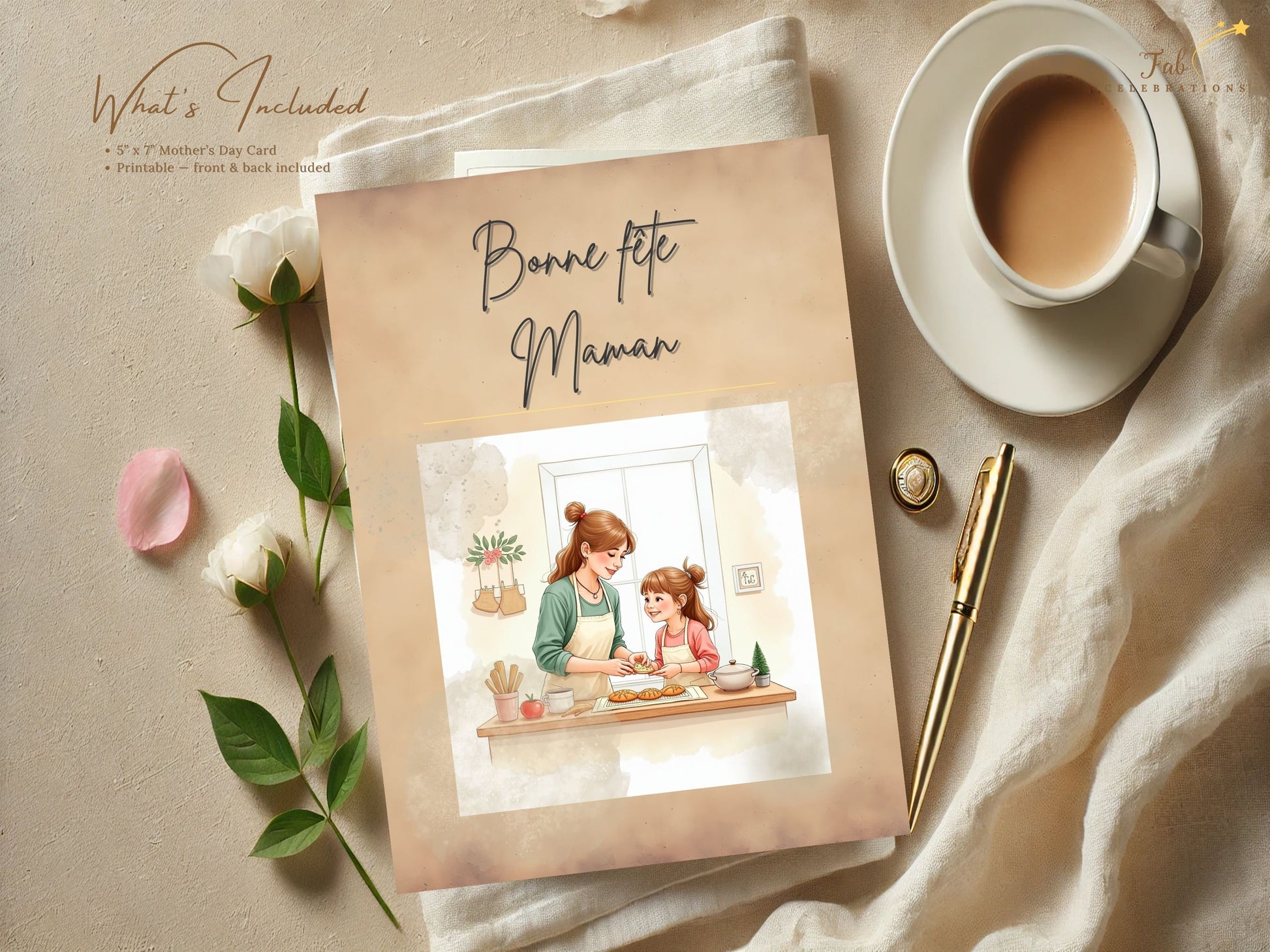Bonne Fête Maman Card Printable video preview featuring a tender mother and daughter baking together in a cozy kitchen scene, designed with soft watercolor-inspired pastel tones, elegant French-inspired typography, and an editable Canva template layout for a heartfelt printable Mother’s Day card.