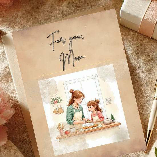 For You Mom Card Printable video preview featuring a tender mother and daughter baking together in a cozy kitchen scene, designed with soft watercolor-inspired neutral tones, elegant typography, and an editable Canva template layout for a heartfelt printable Mother’s Day card.